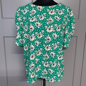 Melloday Green Floral Blouse Polka Dot Print Short Puff Sleeve Top Back Zip Sz L